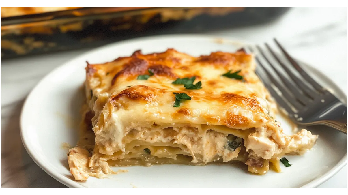 A slice of Chicken Alfredo lasagna on a white plate with a fork.