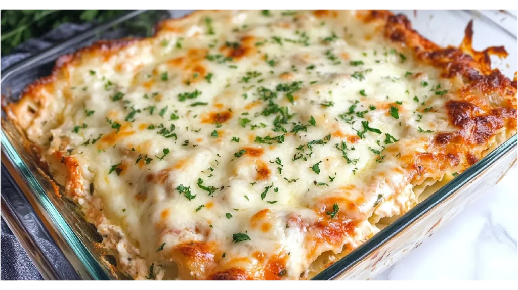 Chicken Alfredo lasagna topped with melted cheese and fresh parsley in a glass baking dish.