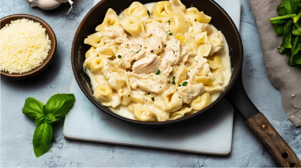 Chicken Tortellini Alfredo in a skillet with grated cheese and fresh basil on the side.