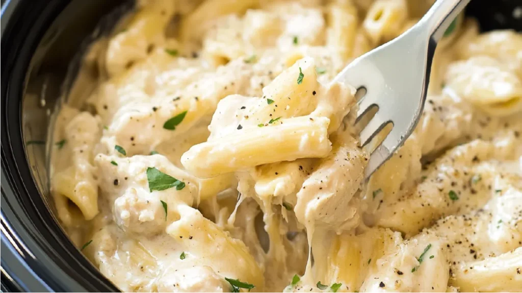 Crockpot Chicken Alfredo pasta with a fork lifting creamy penne topped with fresh herbs.