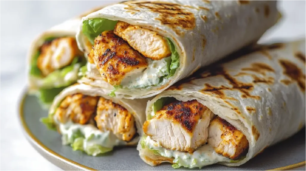 Grilled chicken wraps filled with seasoned chicken, fresh lettuce, and creamy dressing in soft tortillas.