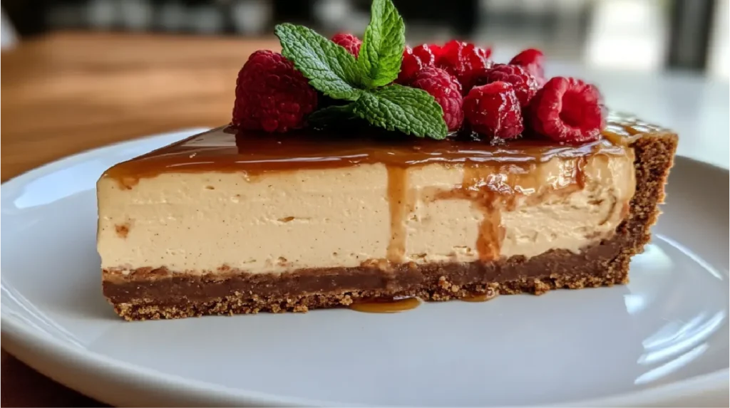 A slice of Philadelphia cheesecake topped with fresh raspberries, mint leaves, and drizzled with caramel sauce.