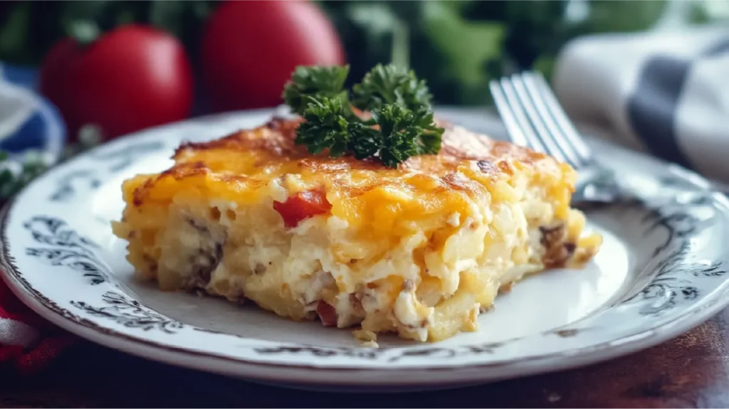 A slice of Pioneer Woman hashbrown breakfast casserole on a decorative plate, topped with parsley and served with a fork.