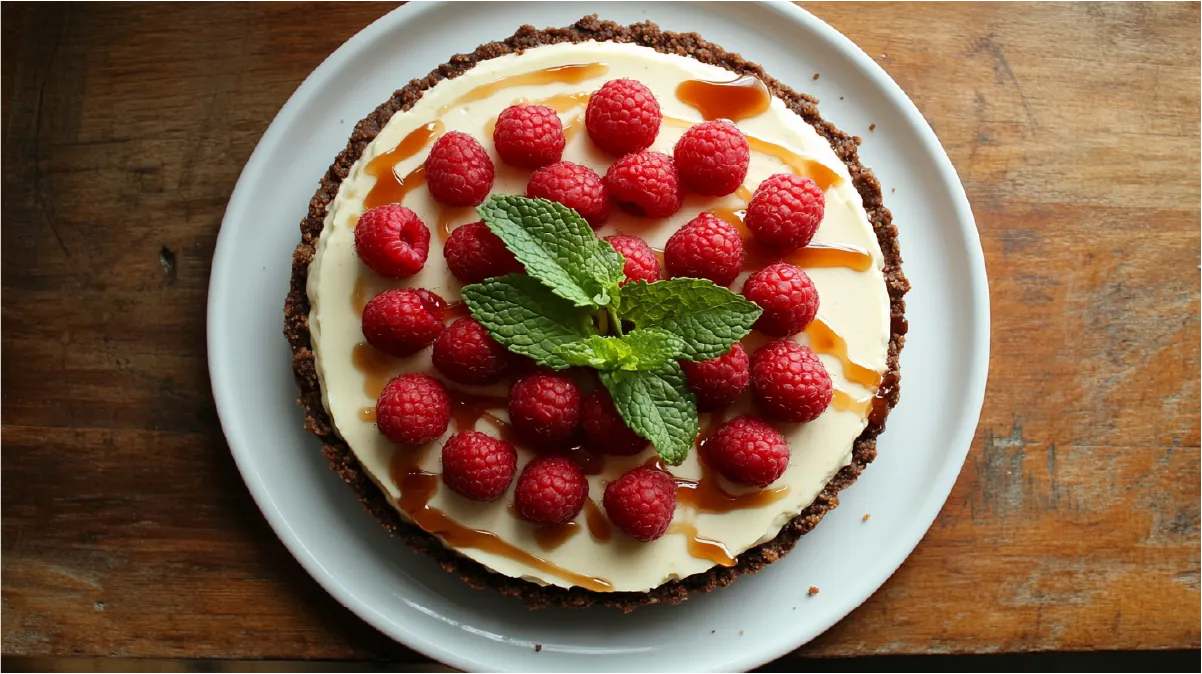 A top-down view of a Recipe Cheesecake Philadelphia topped with fresh raspberries, mint leaves, and caramel drizzle.