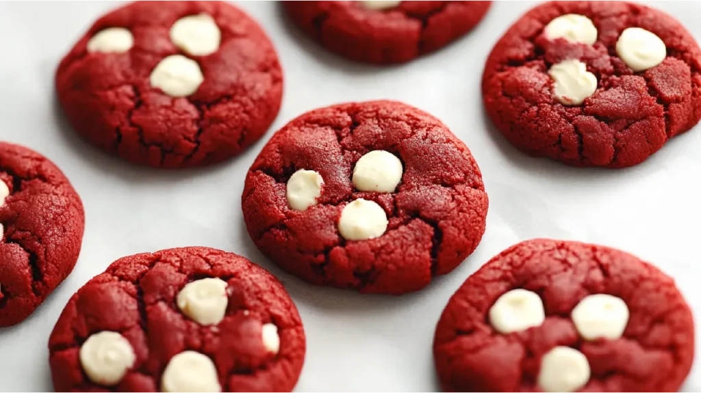 Red velvet cake cookies topped with white chocolate chips on a white surface.