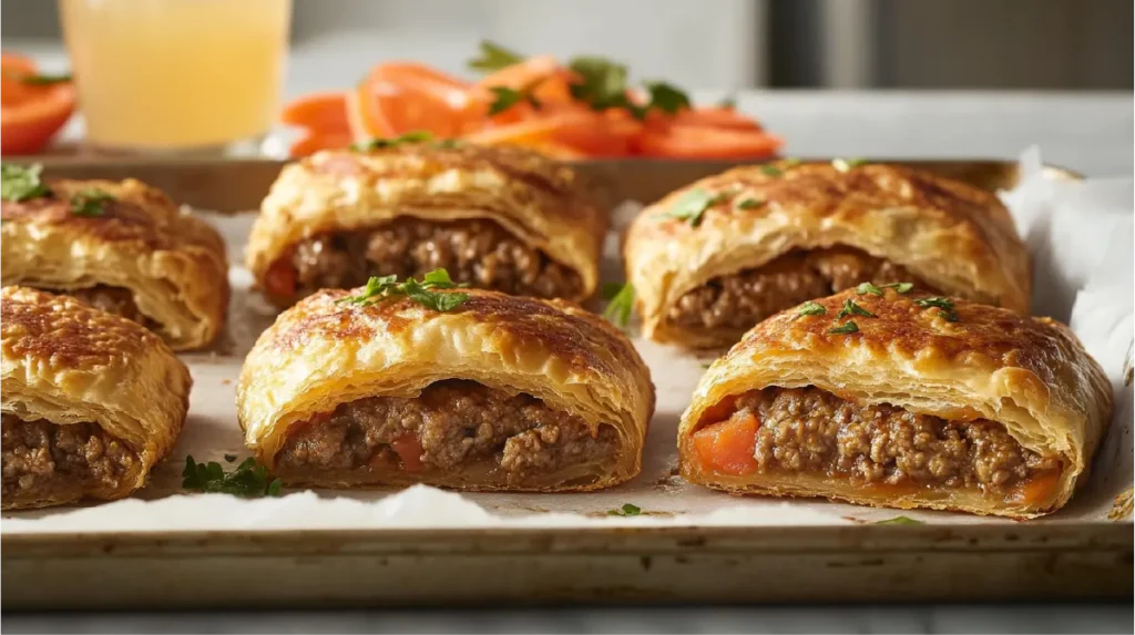 Flaky puff pastry beef patties filled with savory ground beef and vegetables, garnished with fresh herbs.