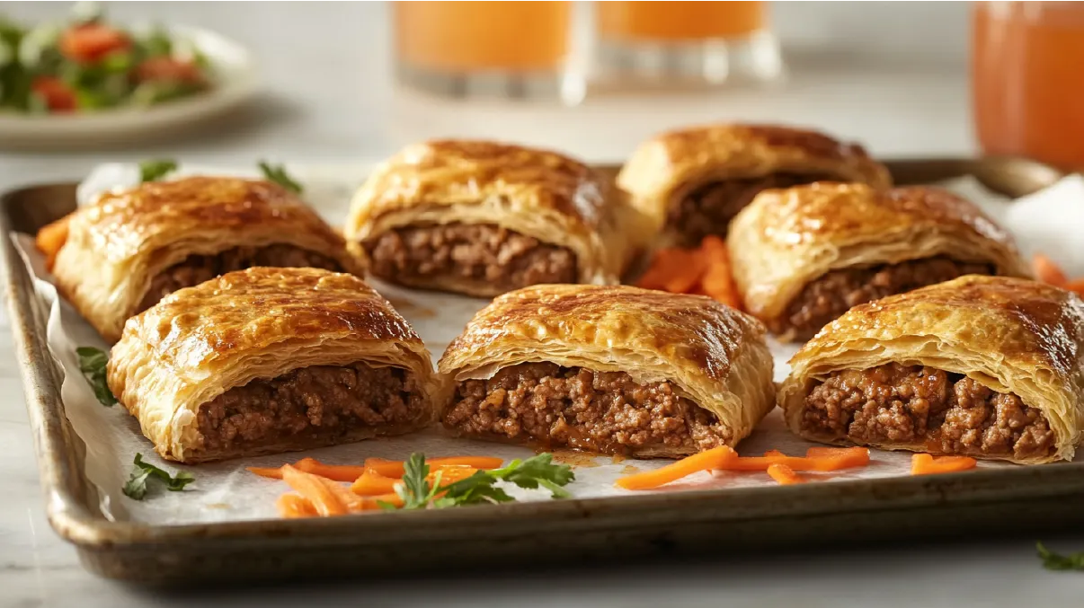 Baked golden-brown beef patties with flaky pastry crust, served on a baking sheet with garnished carrots and parsley.