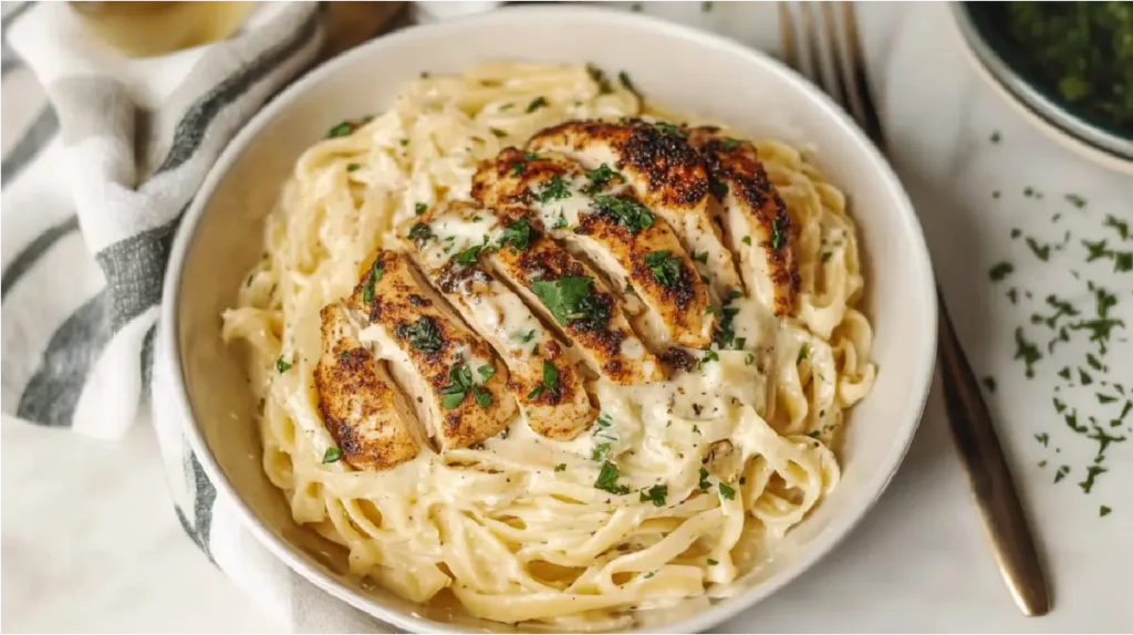 A bowl of fettuccine Alfredo topped with sliced blackened chicken and garnished with fresh parsley.