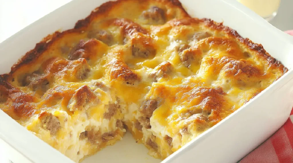 A breakfast casserole with biscuits, sausage, and cheese baked in a white dish.