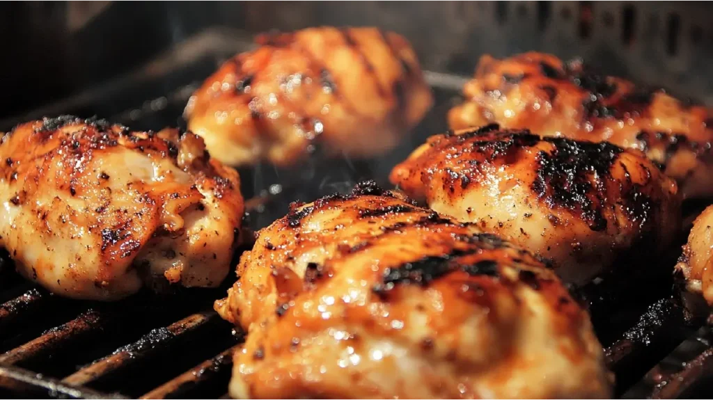 Juicy chicken thighs grilling on a mat, with char marks and a smoky finish.