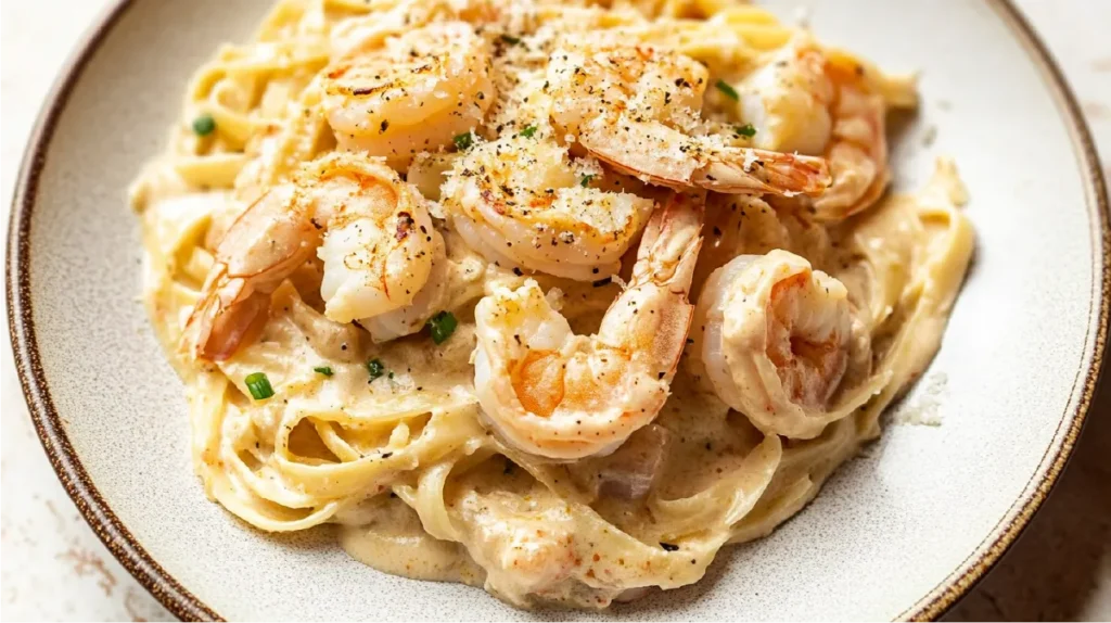 A dish of Chicken and Shrimp Alfredo pasta with creamy Alfredo sauce and fresh shrimp.