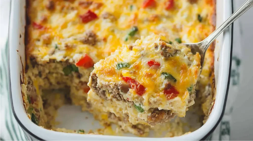 A gluten-free breakfast casserole with cheese, sausage, and bell peppers being served from a baking dish.