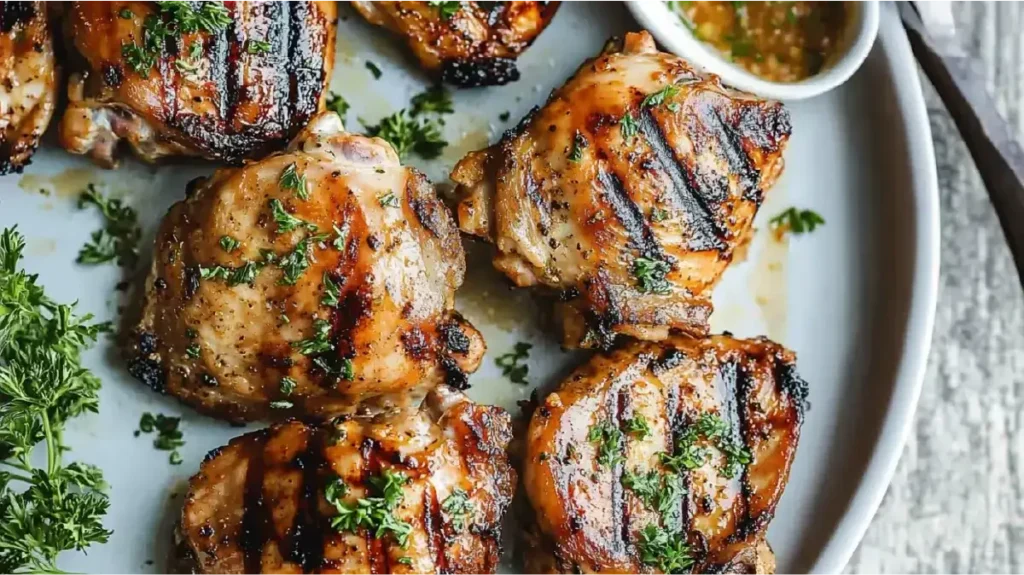 grilled chicken thigh recipes with fresh herbs, showcasing juicy texture and flavorful char, served on a white plate.