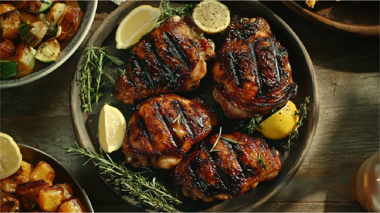 Juicy grilled chicken thighs with char marks, garnished with fresh herbs on a kitchen table