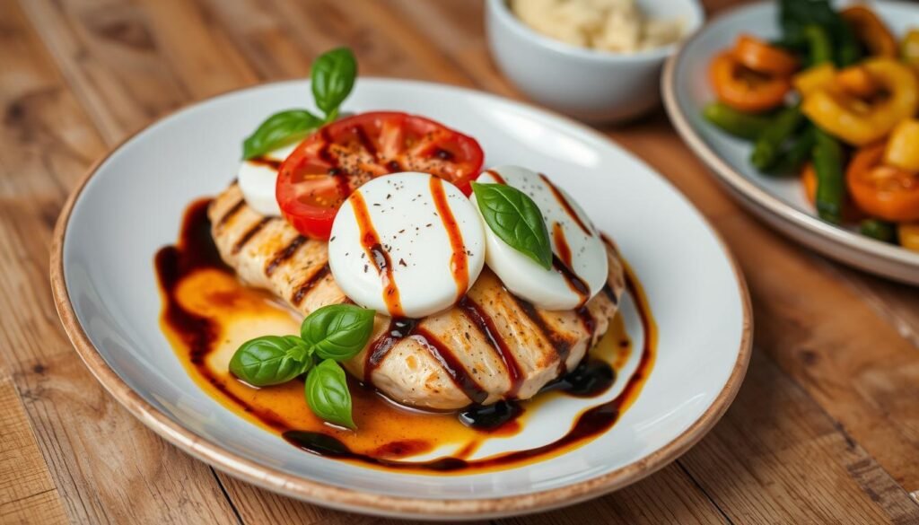 Grilled Chicken Margherita Olive Garden style topped with mozzarella, tomato slices, basil, and balsamic glaze.