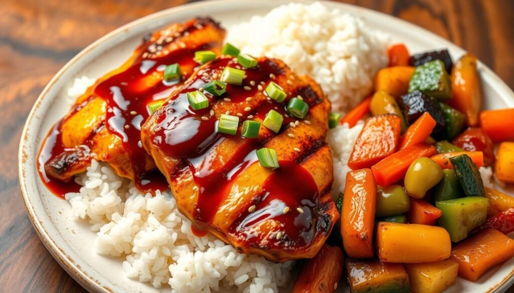 Grilled Teriyaki Chicken Panda Express style served with rice and sautéed vegetables, topped with teriyaki sauce and green onions.