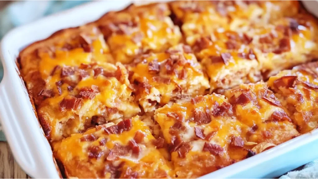 A baked pancake breakfast casserole with melted cheese and crispy bacon in a white baking dish.