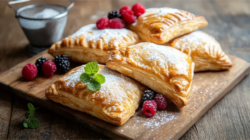 Golden puff pastry dessert recipes dusted with powdered sugar, garnished with fresh berries and mint leaves, placed on a rustic wooden board.