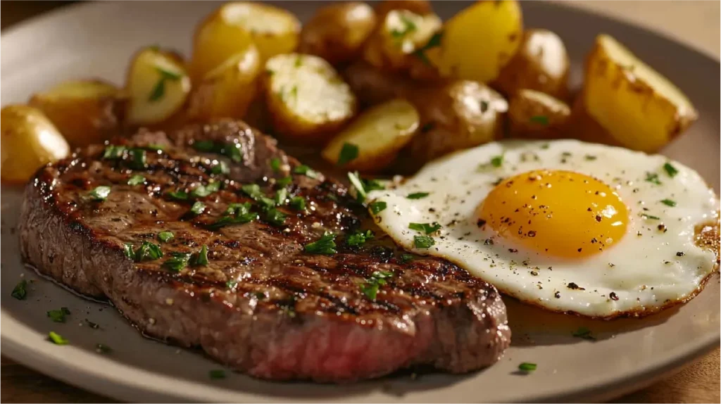 A classic steak and eggs dish featuring a perfectly grilled steak, a fried sunny-side-up egg, and roasted potatoes, garnished with fresh herbs.