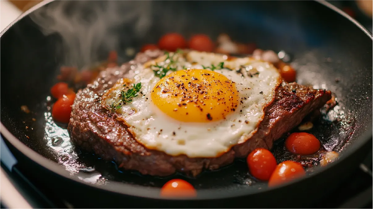 Pan-seared steak topped with a sunny-side-up egg, garnished with herbs and surrounded by cherry tomatoes in a skillet, for a classic steak and eggs recipe.