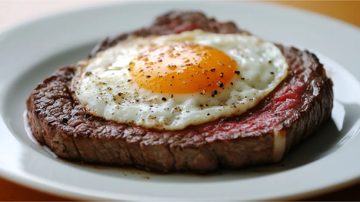 Juicy steak topped with a sunny-side-up egg, served on a white plate, perfect for a classic steak and eggs breakfast.