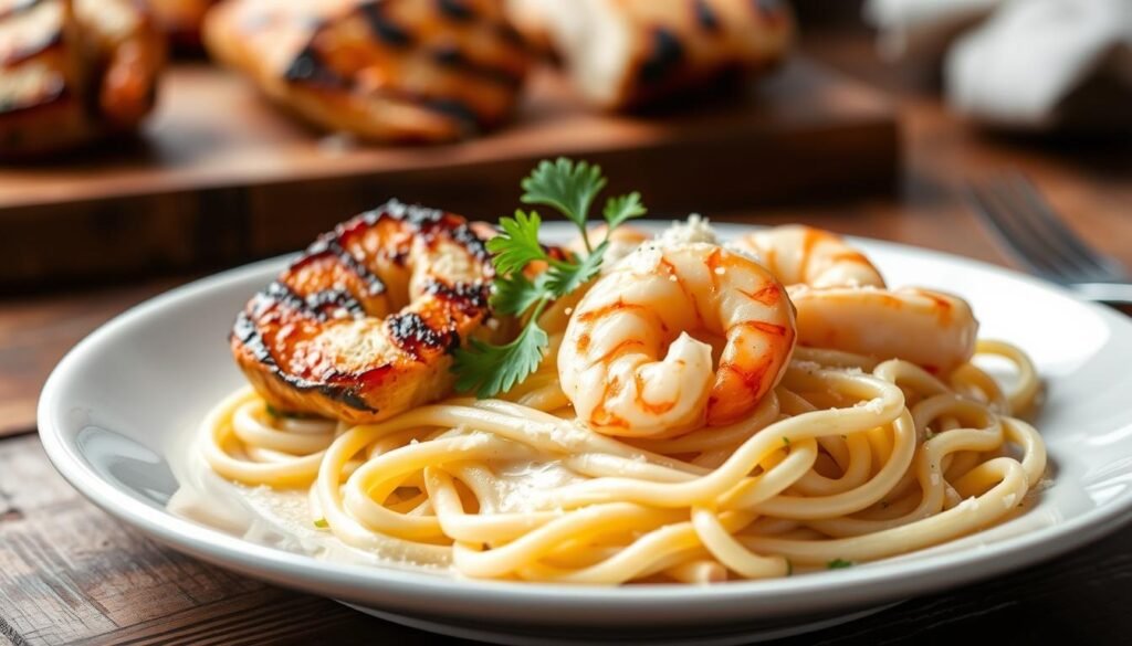 Fettuccine Alfredo with Shrimp and Chicken